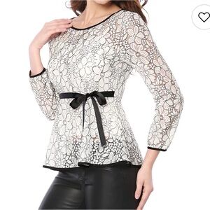 Allegra K Lace Floral Blouse with Black Bow